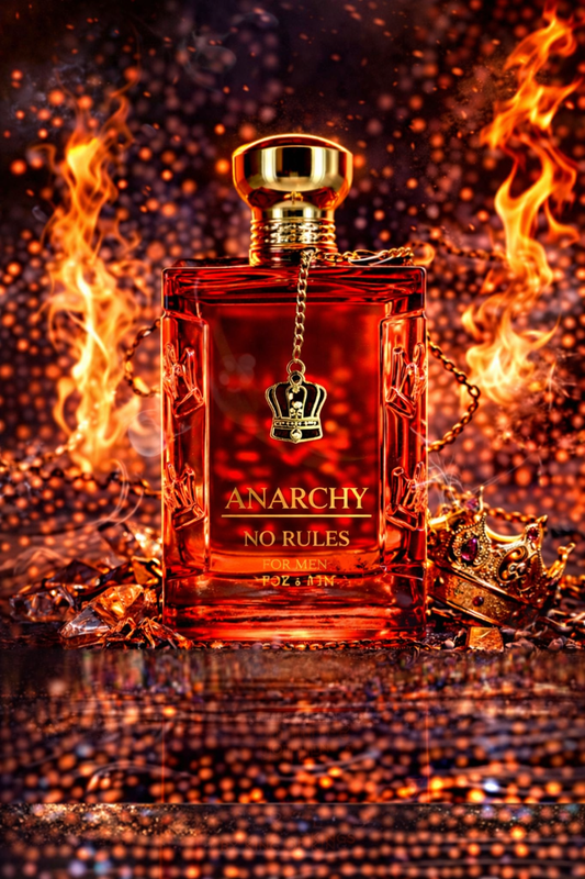 Perfume bottle labeled 'Anarchy No Rules' with flames and jewelry on a dark background