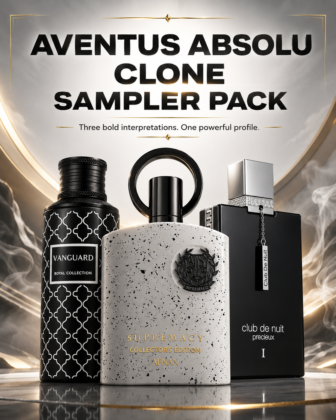 Aventus Absolu clone sampler pack with three 3ml fragrance decants